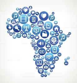 Africa Technology Internet and Media Blue Button Pattern. This 100% vector composition features round technology, internet web and communication media buttons. Each button displays an icon with various internet themes. The buttons are colored in blue and are displayed on white background.